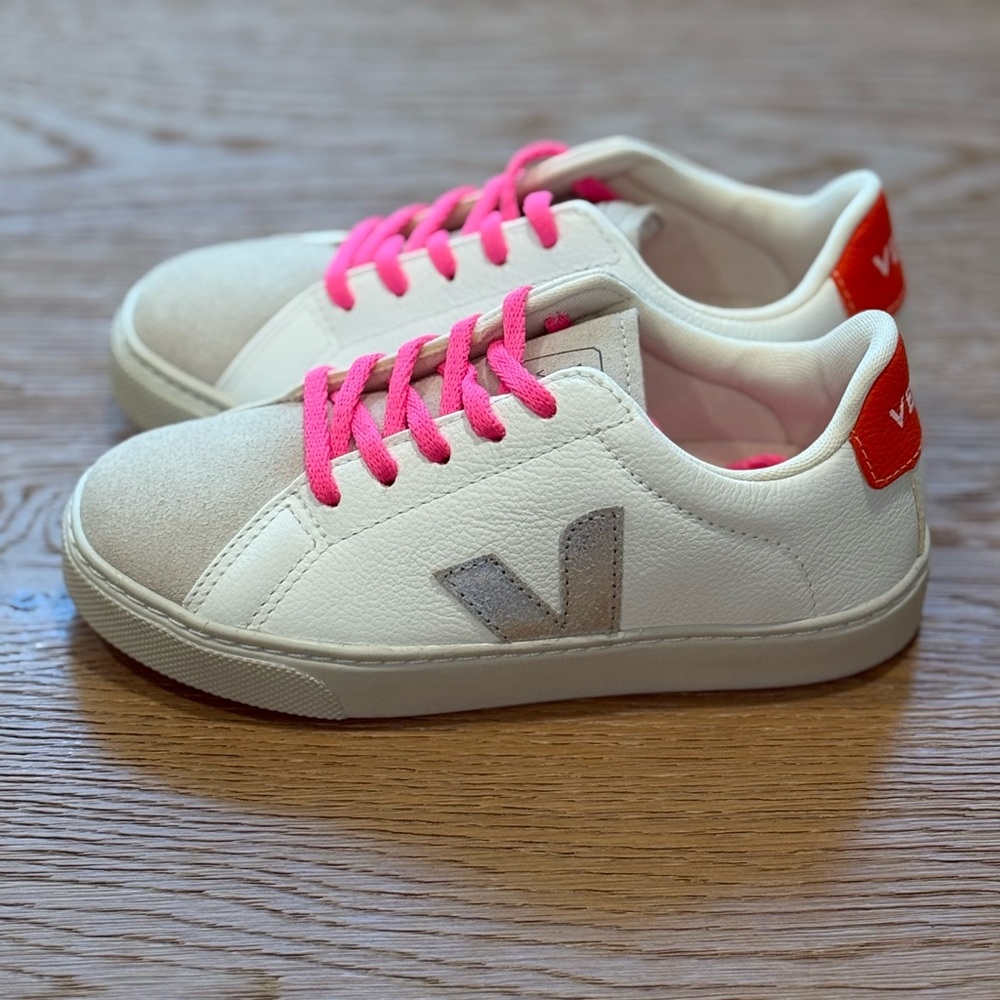 NWT, Veja Kids White Sneakers, orange, silver, pink laces.